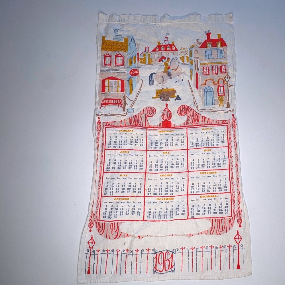 Vtg 1961 Startex Calendar Tea Towel TONI Village MCM Kitsch Novelty Print Linen